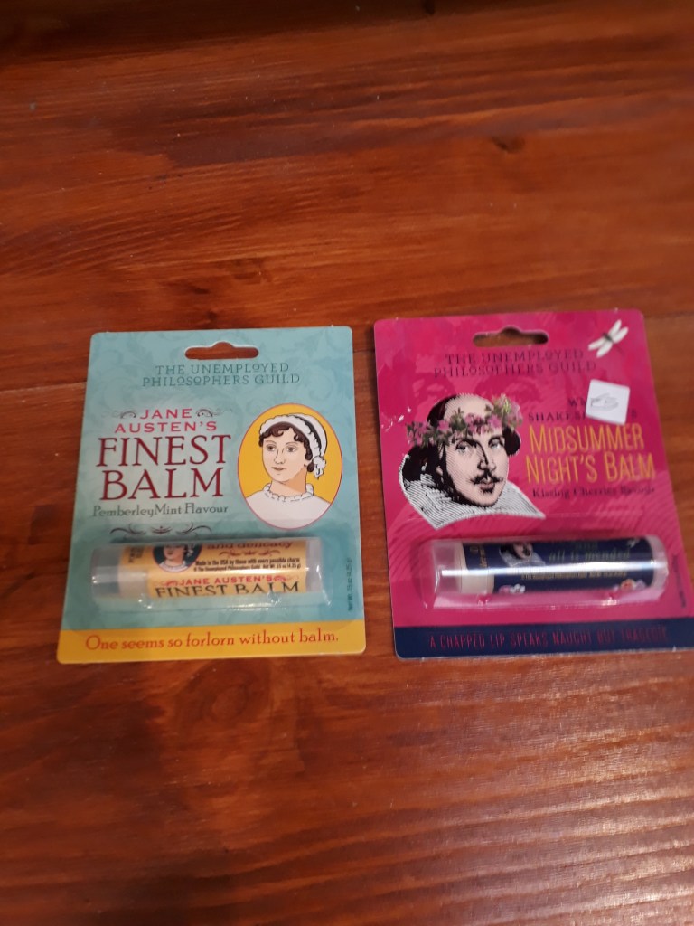 Jane Austen and Shakespeare lip balm 5 euro each